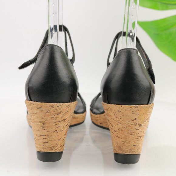 Teva Womens Riviera Sandals Size 11.5 Black Leather Strappy Cork Wedge Heel Shoe - Picture 5 of 12